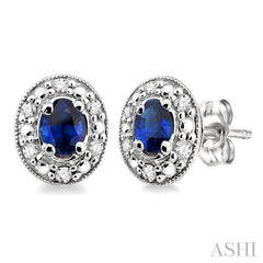 4x3 MM Oval Shaped Sapphire and 1/10 Ctw Single Cut Diamond Earrings in 10K White Gold