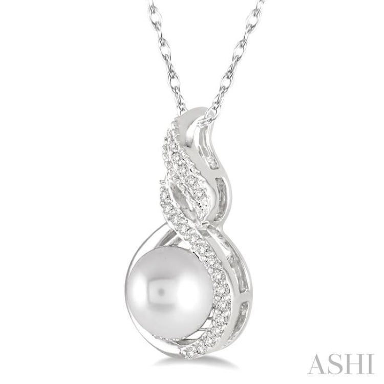 7 MM Round Shape Cultured Pearl and 1/20 ctw Round Cut Diamond Twisted Accented Pendant in 10K White Gold with chain