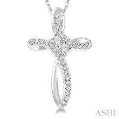 1/5 ctw Rolled Back Cross Charm 2Stone Round Cut Diamond Pendant With Link Chain in 14K White Gold
