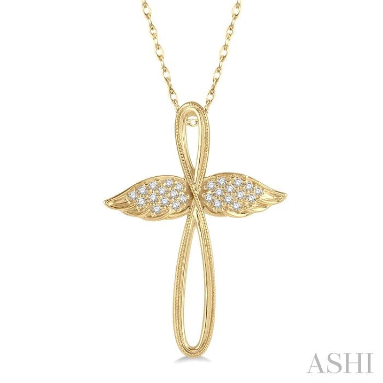 1/10 Ctw Twisted Cross Angel Wings Round Cut Diamond Pendant With Chain in 10K Yellow Gold