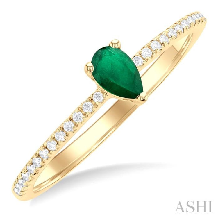 5x3 MM Pear Cut Emerald and 1/10 Ctw Petite Round Cut Diamond Precious Fashion Ring in 10K Yellow Gold