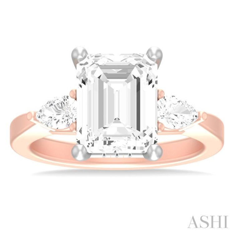 1/2 Ctw Tri-Mount Emerald Shape Center Pear and Round Cut Diamond Semi Mount Engagement Ring in 14K Rose and White Gold