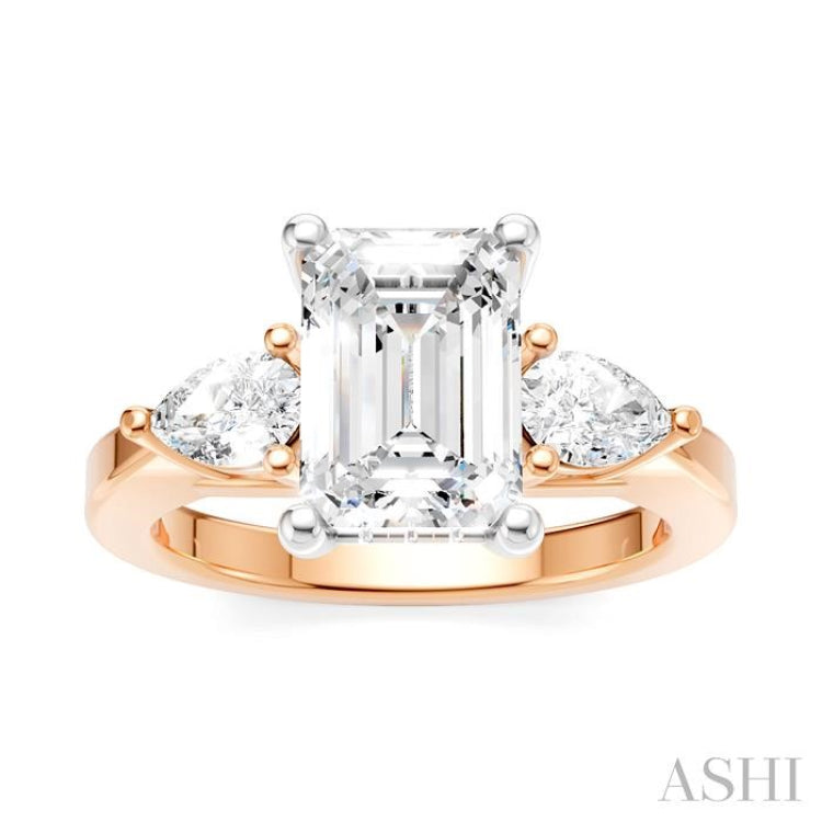 1/2 Ctw Tri-Mount Emerald Shape Center Pear and Round Cut Diamond Semi-Mount Engagement Ring in 14K Rose and White Gold