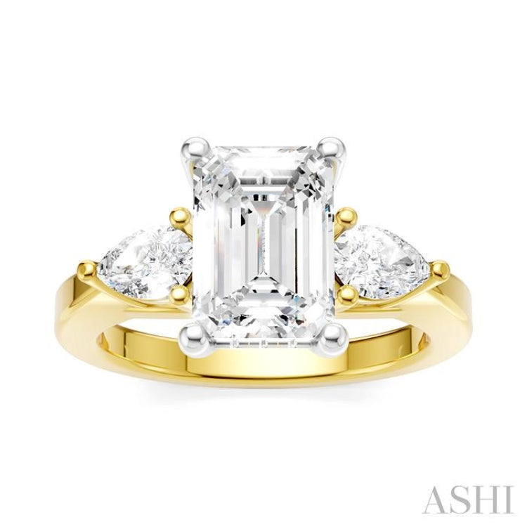 1/2 Ctw Tri-Mount Emerald Shape Center Pear and Round Cut Diamond Semi-Mount Engagement Ring in 14K Yellow and White Gold