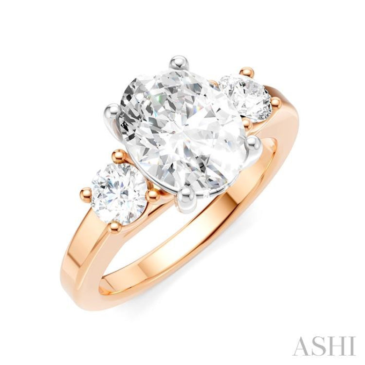 1/2 Ctw Tri-Mount Past, Present and Future Oval Shape Center Round Cut Diamond Semi-Mount Engagement Ring in 14K Rose and White Gold