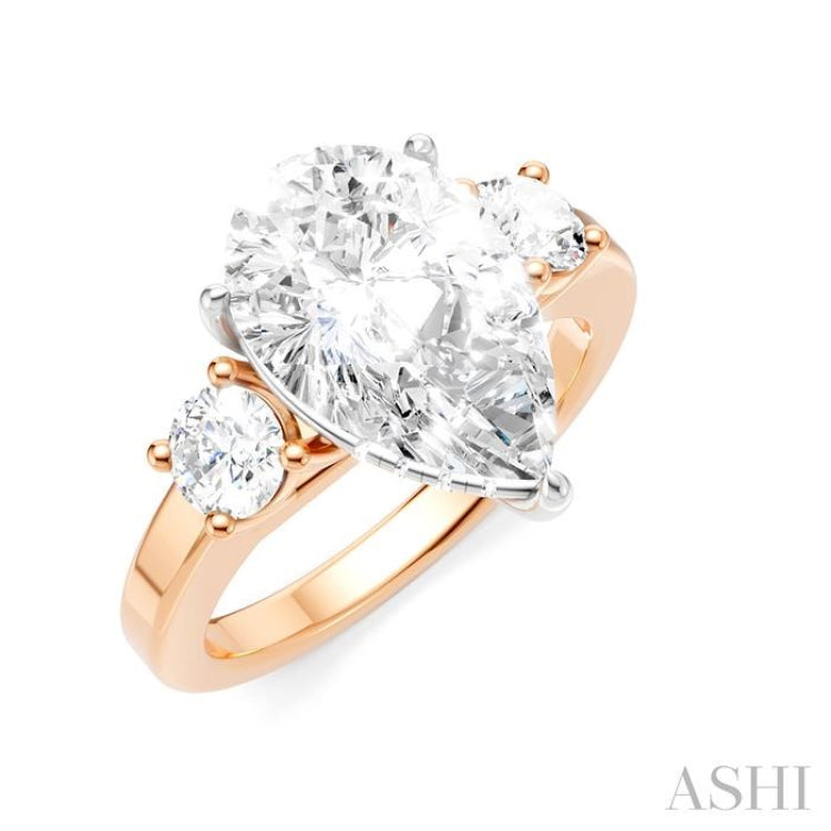 1/2 Ctw Tri-Mount Pear Shape Round Cut Diamond Semi-Mount Engagement Ring in 14K Rose and White Gold