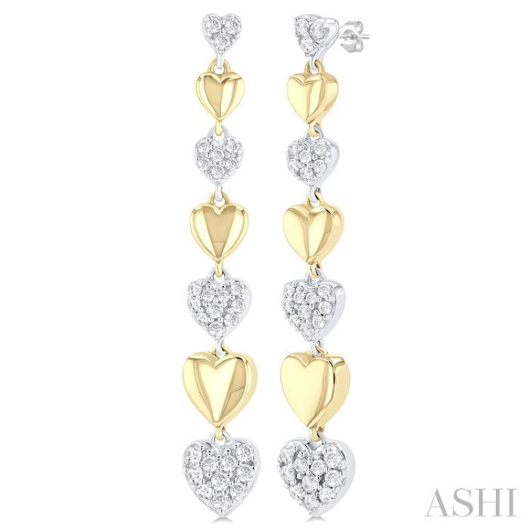 1/2 ctw Two-Toned Puffed Heart Link Round Cut Diamond Fashion Long Earring in 14K Yellow and White Gold