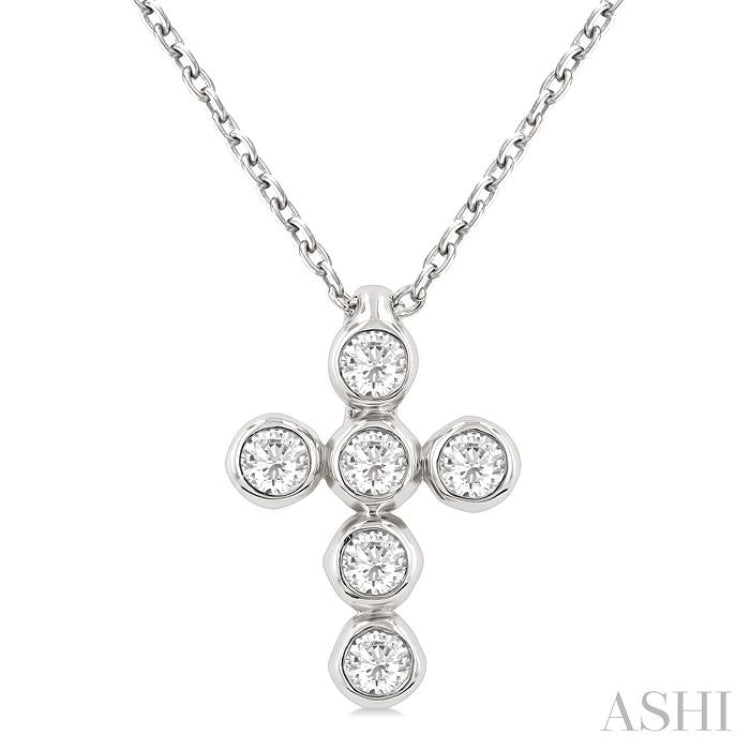 1/6 ctw Round Cut Diamond 6-Stone Bezel Set Cross Pendant With Chain in 14K White Gold