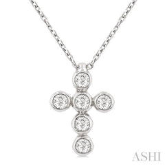 1/6 ctw Round Cut Diamond 6-Stone Bezel Set Cross Pendant With Chain in 14K White Gold