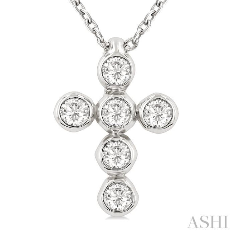 1/6 ctw Round Cut Diamond 6-Stone Bezel Set Cross Pendant With Chain in 14K White Gold