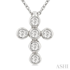 1/6 ctw Round Cut Diamond 6-Stone Bezel Set Cross Pendant With Chain in 14K White Gold