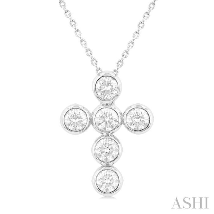 1 1/2 ctw Round Cut Diamond 6-Stone Bezel Set Cross Pendant With Chain in 14K White Gold