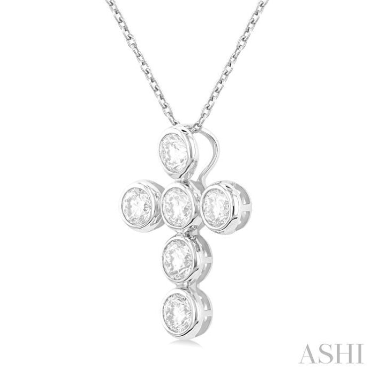1 1/2 ctw Round Cut Diamond 6-Stone Bezel Set Cross Pendant With Chain in 14K White Gold