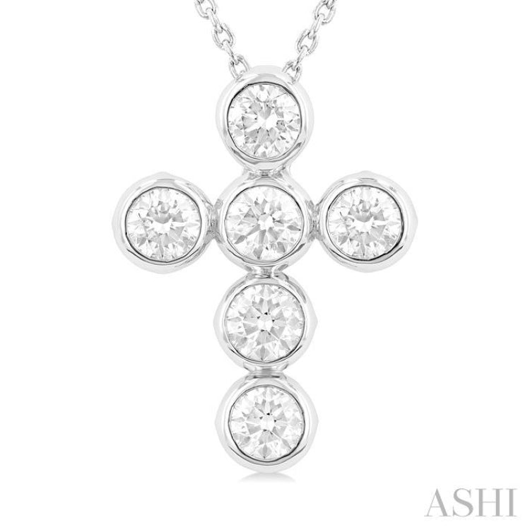 1 1/2 ctw Round Cut Diamond 6-Stone Bezel Set Cross Pendant With Chain in 14K White Gold