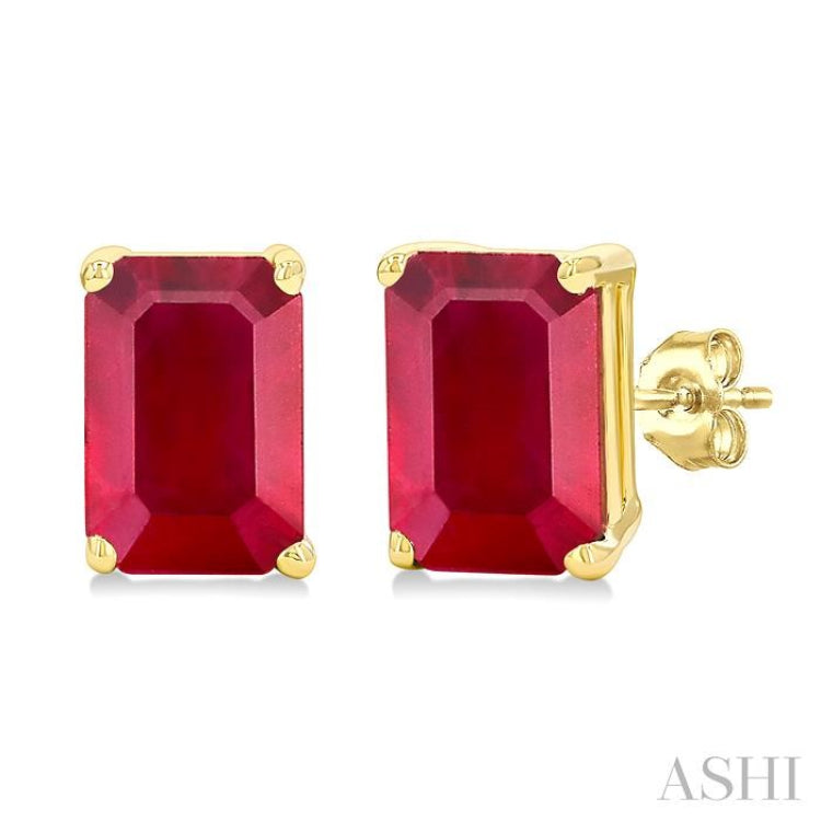 6X4 MM Octagon Shape Ruby Precious Gemstone Stud Earrings in 14K Yellow Gold