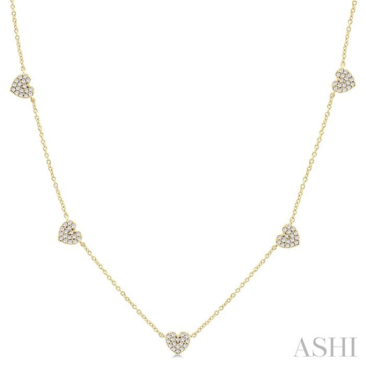 1/4 ctw Heart Motif Round Cut Diamond Station Necklace in 14K Yellow Gold