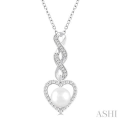7 MM Round Shape Cultured Pearl and 1/4 ctw Heart Frame Round Cut Diamond Fashion Pendant With Chain in 10K White Gold