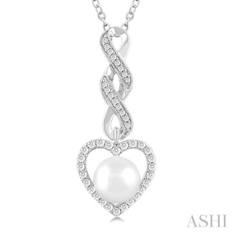 7 MM Round Shape Cultured Pearl and 1/4 ctw Heart Frame Round Cut Diamond Fashion Pendant With Chain in 10K White Gold