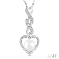 7 MM Round Shape Cultured Pearl and 1/4 ctw Heart Frame Round Cut Diamond Fashion Pendant With Chain in 10K White Gold