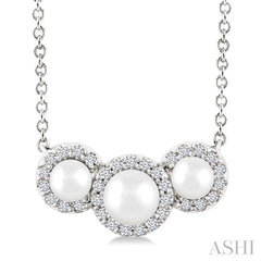 1/8 Ctw Past Present and Future 4 MM & 3 MM Cultured Pearl and Round Cut Diamond Halo Pendant With Chain in 14K White Gold