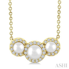 1/8 Ctw Past Present and Future 4 MM & 3 MM Cultured Pearl and Round Cut Diamond Halo Pendant With Chain in 14K Yellow Gold