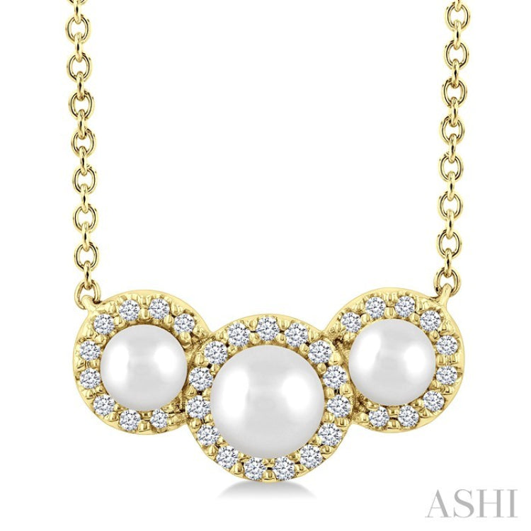 1/8 Ctw Past, Present & Future 4MM & 3MM Cultured Pearl and Round Cut Diamond Halo Pendant With Chain in 14K Yellow Gold