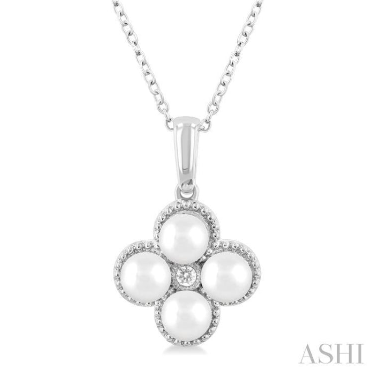 4 MM Clover Cultured Pearl and 1/50 ctw Round Cut Diamond Fashion Pendant With Chain in 10K White Gold