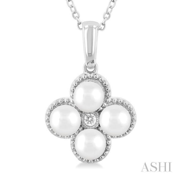 4 MM Clover Cultured Pearl and 1/50 ctw Round Cut Diamond Fashion Pendant With Chain in 10K White Gold