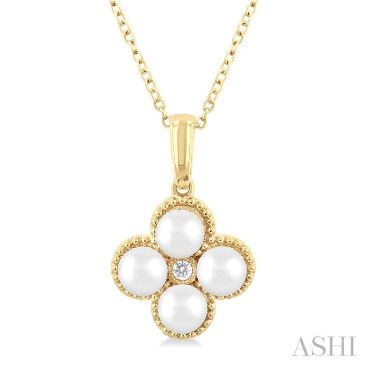 4 MM Clover Cultured Pearl and 1/50 ctw Round Cut Diamond Fashion Pendant With Chain in 10K Yellow Gold