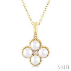 4 MM Clover Cultured Pearl and 1/50 ctw Round Cut Diamond Fashion Pendant With Chain in 10K Yellow Gold