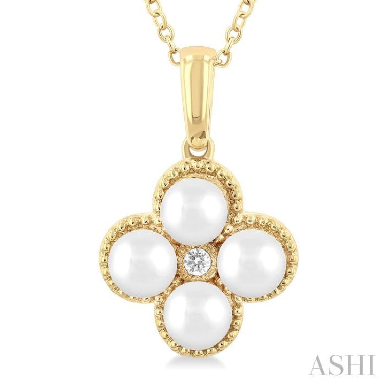 4 MM Clover Cultured Pearl and 1/50 ctw Round Cut Diamond Fashion Pendant With Chain in 10K Yellow Gold