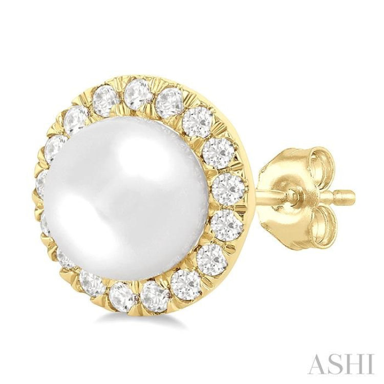 6 MM White Cultured Pearl and 1/4 Ctw Round Cut Diamond Halo Stud Earrings in 10K Yellow Gold