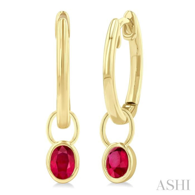 5x3 MM Bezel Set Oval Cut Ruby Precious Fashion Huggie Earrings in 10K Yellow Gold