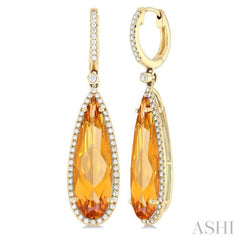 23x7 MM Pear Shape Citrine and 3/8 Ctw Round Cut Diamond Halo Semi-Precious Earrings in 14K Yellow Gold