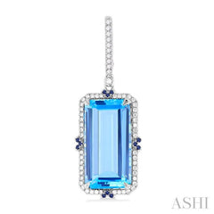 17x9 MM Emerald Cut Blue Topaz and .80 MM Sapphire & 1/3 Ctw Round Cut Diamond Halo Precious & Semi-Precious Earrings in 14K White Gold