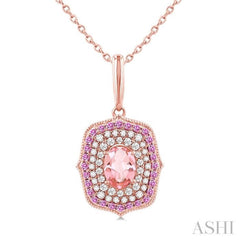 7x5 MM Oval Cut Morganite, 1.25 MM Pink Sapphire and 1/3 Ctw Round Cut Diamond Halo Precious and Semi-Precious Pendant With Chain in 14K Rose Gold
