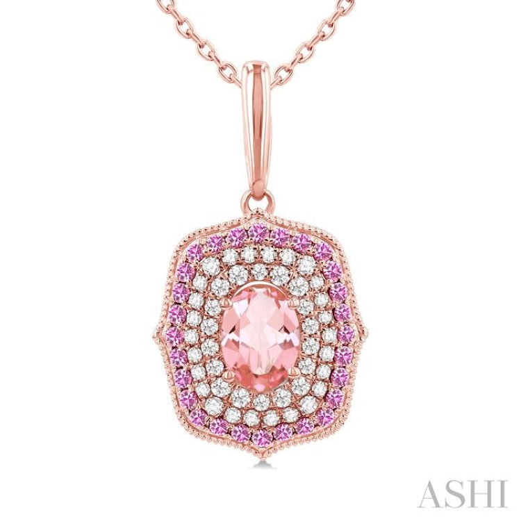 7x5 MM Oval Cut Morganite, 1.25 MM Pink Sapphire and 1/3 Ctw Round Cut Diamond Halo Precious and Semi-Precious Pendant With Chain in 14K Rose Gold