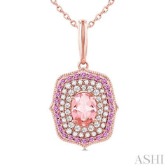 7x5 MM Oval Cut Morganite, 1.25 MM Pink Sapphire and 1/3 Ctw Round Cut Diamond Halo Precious and Semi-Precious Pendant With Chain in 14K Rose Gold