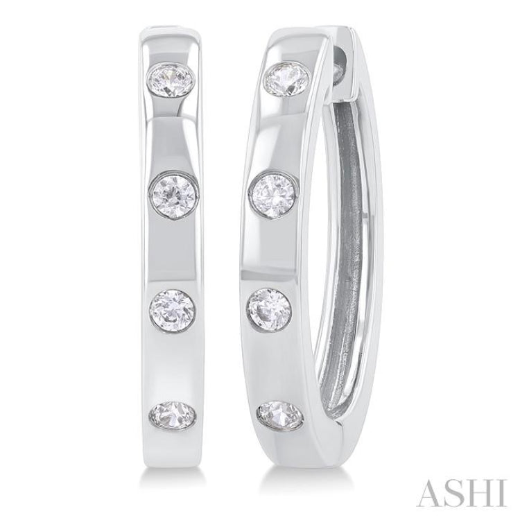 1/6 Ctw Flush Bezel Set Diamond Fashion Hoop Earrings in 10K White Gold