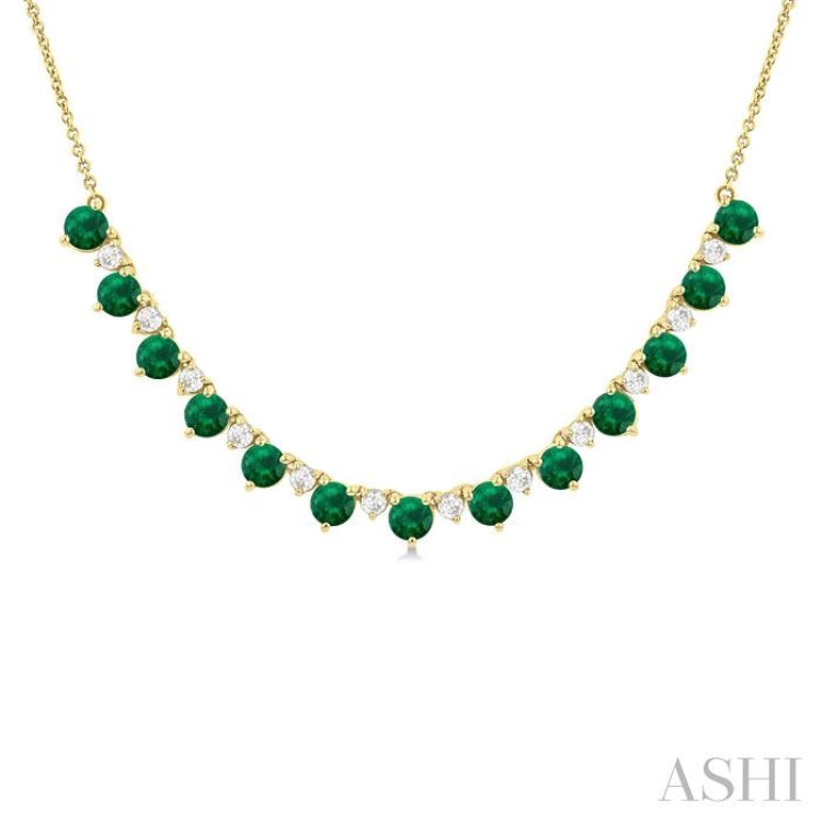 3.5 MM Round Shape Emerald and 1/2 Ctw Round Cut Diamond Precious Tennis Necklace in 14K Yellow Gold