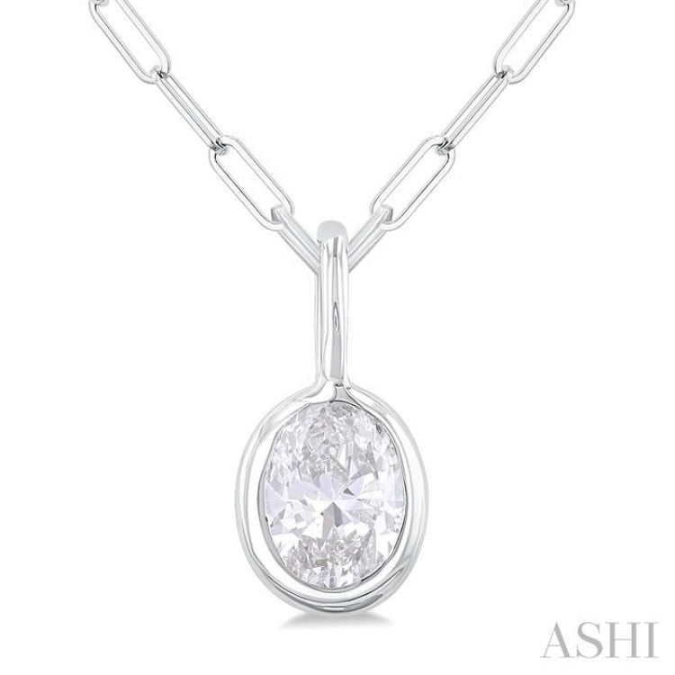 1/5 ctw Oval Cut Bezel Set Diamond Fashion Pendant With Paperclip Chain in 10K White Gold