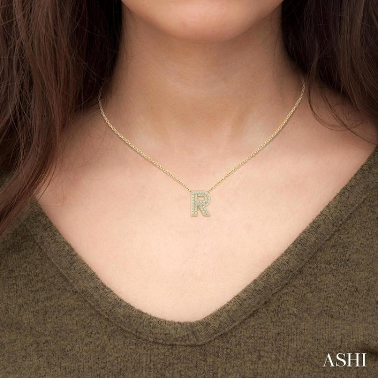1/8 ctw Bubble Accent Initial 'R' Round Cut Diamond Fashion Pendant With Chain in 10K Yellow Gold