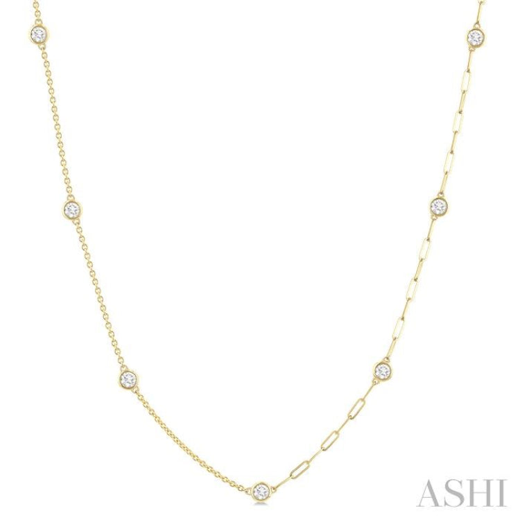 1.00 Ctw Bezel Set Round Cut Diamond Dual Chain Design Station Necklace in 14K Yellow Gold