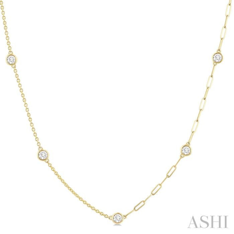 1.00 Ctw Bezel Set Round Cut Diamond Dual Chain Design Station Necklace in 14K Yellow Gold
