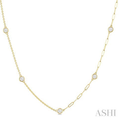 1.00 Ctw Bezel Set Round Cut Diamond Dual Chain Design Station Necklace in 14K Yellow Gold