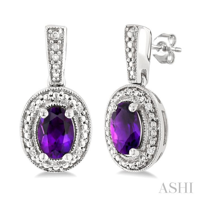 6X4 MM Oval Shape Amethyst and 1/50 Ctw Single Cut Diamond Semi-Precious Earrings in Sterling Silver