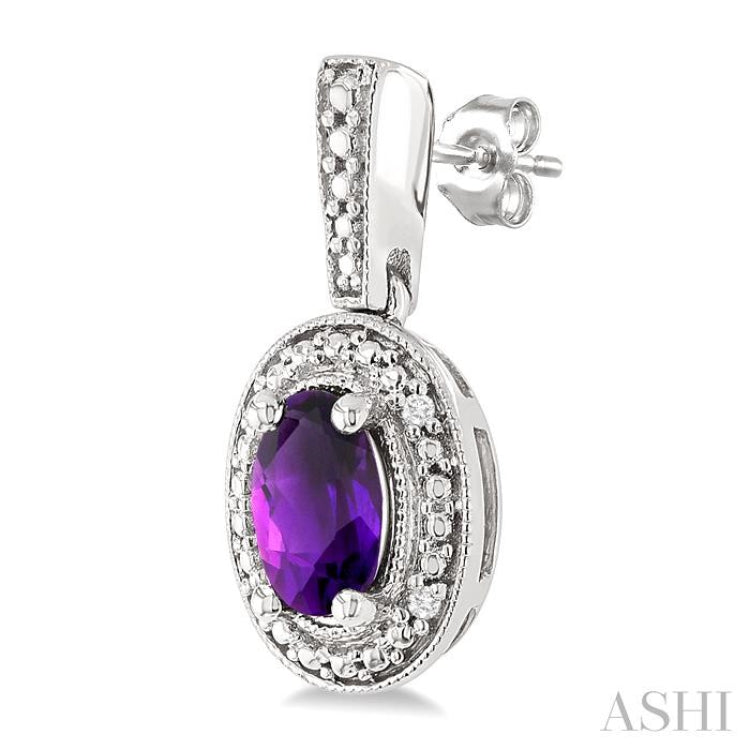 6X4 MM Oval Shape Amethyst and 1/50 Ctw Single Cut Diamond Semi-Precious Earrings in Sterling Silver