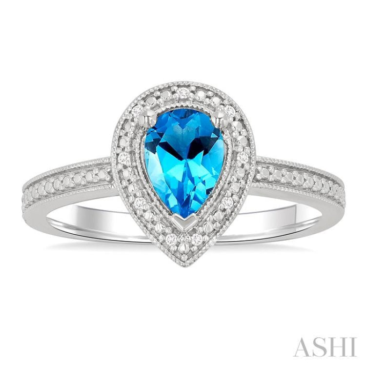 7x5 MM Pear Shape Blue Topaz and 1/50 Ctw Single Cut Diamond Semi-precious Ring in Sterling Silver