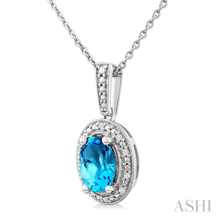 7X5 MM Oval Shape Blue Topaz and 1/50 Ctw Single Cut Diamond Semi-precious Pendant With Chain in Sterling Silver