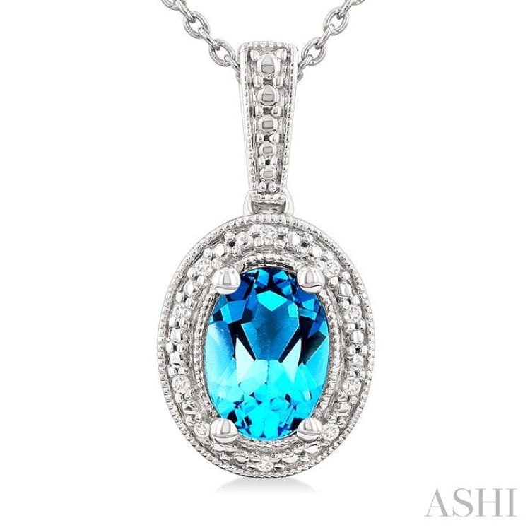 7X5 MM Oval Shape Blue Topaz and 1/50 Ctw Single Cut Diamond Semi-precious Pendant With Chain in Sterling Silver